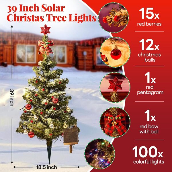 Lumières solaires d'extérieur pour sapin de Noël - 99 cm - Étanche - 100 LED - 8 modes - Décoration de sapin de Noël pour cour, jardin, cimetière