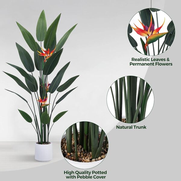 Bird of Paradise Plante artificielle avec fleur permanente, fausse feuille de bananier en soie, palmier tropical artificiel avec pot blanc, plantes artificielles pour la maison, le bureau, le salon,