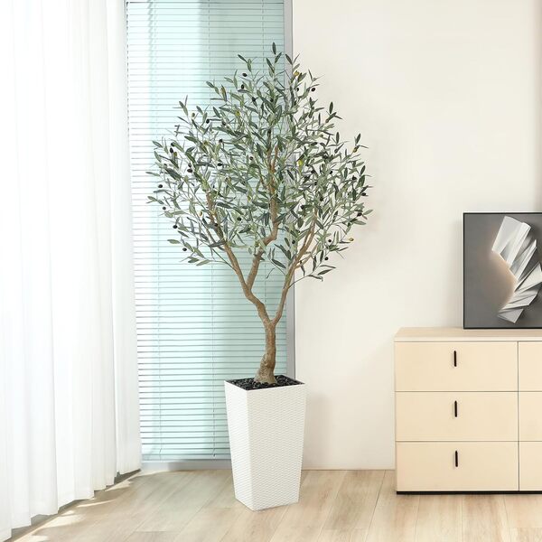 SOGUYI Olivier Artificiel 210 cm - Plante Artificielle Résistante aux UV pour Décoration Intérieure et Extérieure - Fausse Plante de Sol avec Jardinière Conique Blanche