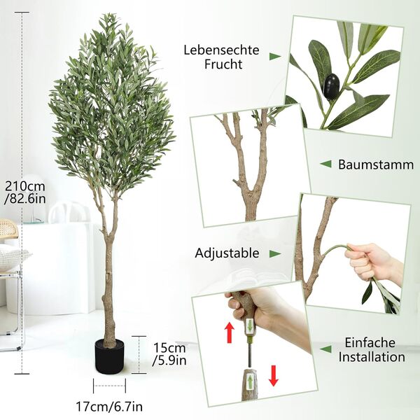 Oc'leaf Olivier Artificiel - 210cm Plante Artificielle, Grand Olivier, Décoration d'olivier pour la Maison, Salon, Chambre, Bureau, Jardin