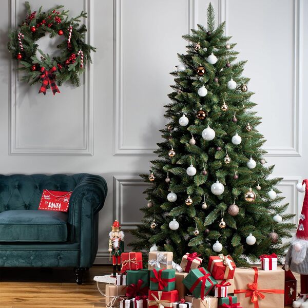 FairyTrees Sapin de Noël Artificiel 150cm ÉPICÉA Naturel | Arbre de Noël avec Support en Bois | Tronc Vert | Made in EU