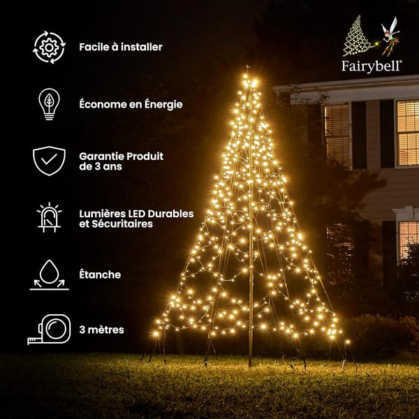 Fairybell Sapin de Noël à LED pour l'extérieur - 3 mètres - 480 LED - Sapin de Noël avec mât de drapeau - Blanc chaud