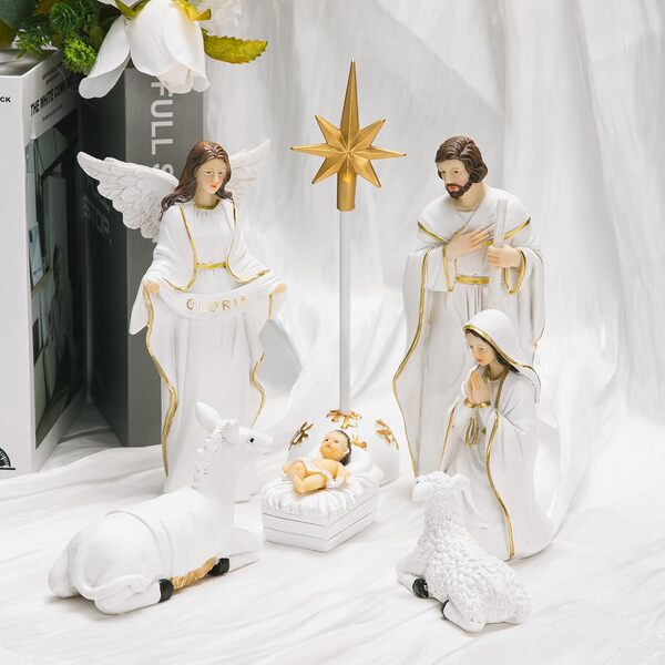 LiuSuper Lot de 7 figurines de crèche de Noël pour l'intérieur, première histoire de Noël sculptée et peinte à la main, décoration de table, décoration d'intérieur