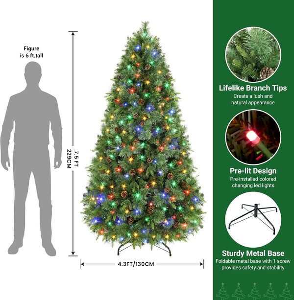 SHareconn Sapin de Noël Artificiel 229cm, Sapin de Noel avec 470 Lumières Blanches Chaudes et Multicolores, 8 Modes d'éclairage, 1910 Pointes de Branche et Support, avec Pomme de pin, Métal Pliable [Classe énergétique G]