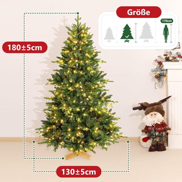 Yorbay Sapin de Noël Artificiel Nordmann avec éclairage LED Sapin avec Support en Bois pour décoration de Noël, en PE et PVC, réutilisable (180 cm) [Classe énergétique G]