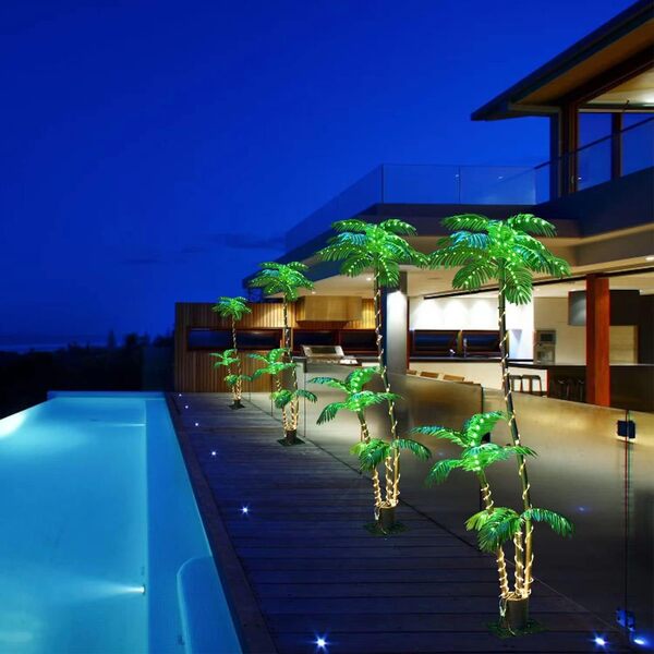 Palmier artificiel de 2,1 m, 3 troncs, 260 LED, simulation de palmier tropical pour terrasse, maison, bureau, plage, cour, croisière, décoration de fête hawaïenne