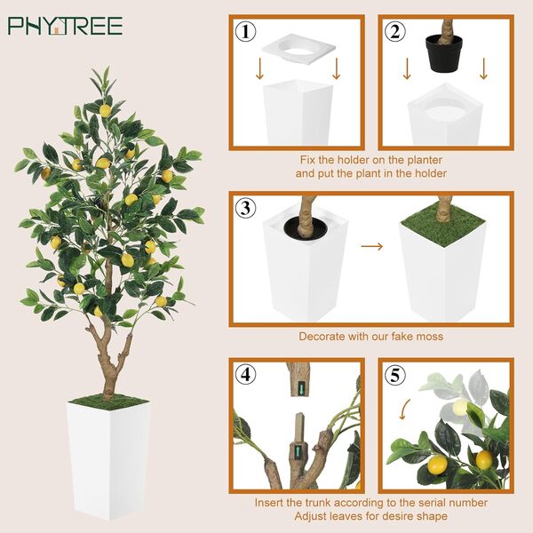 PHYTREE Citronnier artificiel de 1,5 m, citronnier artificiel avec grand pot blanc, faux citron avec fruits réalistes et feuilles en soie, plantes artificielles d'intérieur pour la maison, le salon,