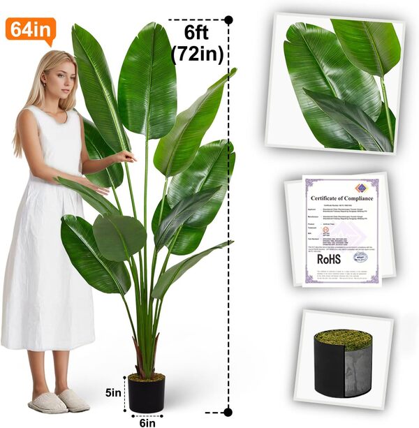 Aveyas Palmier artificiel oiseau de paradis de 1,8 m en pot avec 13 troncs pour intérieur et extérieur, décoration moderne, plantes pour la maison, le bureau, cadeau de pendaison de crémaillère