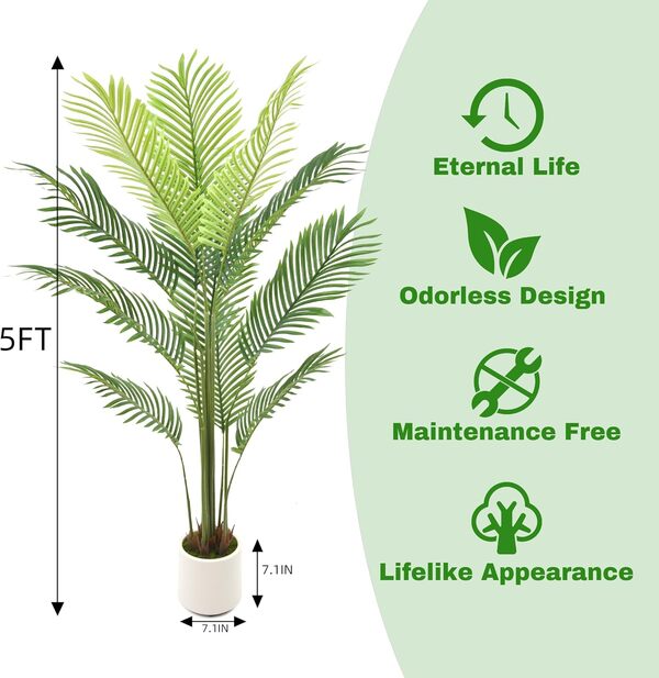 Palmier artificiel de 1,5 m avec 12 feuilles artificielles et troncs naturels, faux palmier avec pot blanc pour la maison, le bureau, l'intérieur et l'extérieur, décoration moderne, cadeau de