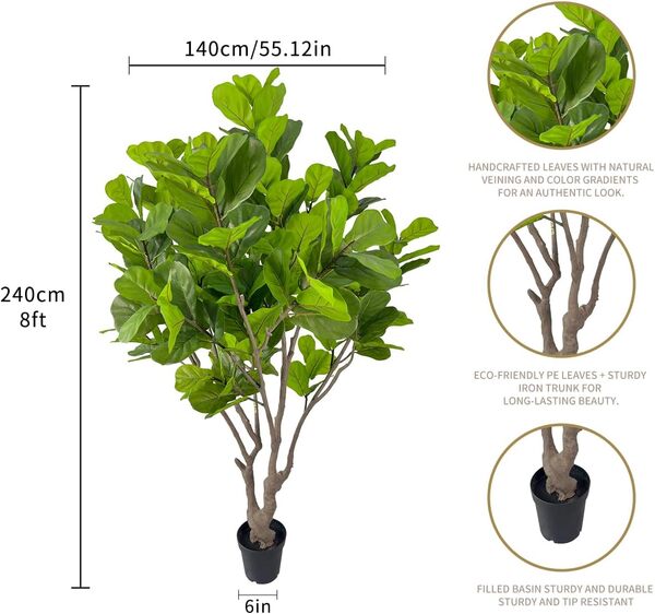 AfanD Figuier artificiel en feuilles de violon de 2,4 m de haut, arbre artificiel d'intérieur pour la maison, le bureau, le salon, la décoration de sol d'intérieur
