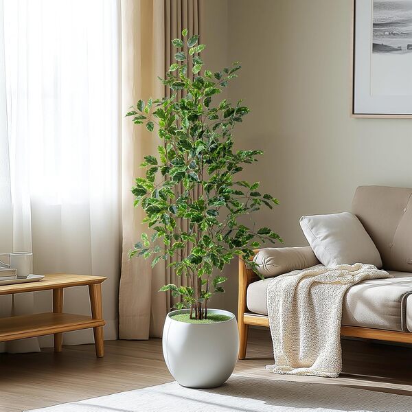Bailikang Banania artificiel économique en pot - Plante de sol réaliste - Convient pour bureau moderne, salon, décoration d'intérieur, cadeau de pendaison de crémaillère (blanc, 1,5 m)