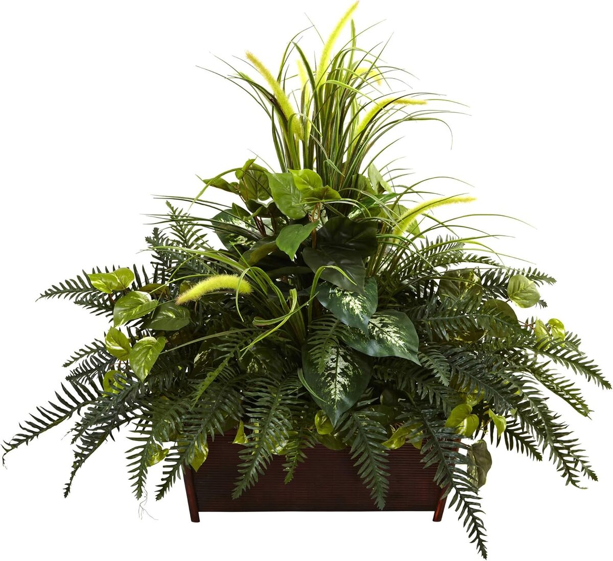 Avis sur le mélange d'herbe et de fougère de rivière Nearly Natural 6792 avec pot en bois