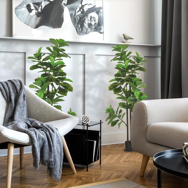 HOMCOM Lot de 2 Plantes artificielles Figuier à Feuilles de Violon Ficus Lyrata Hauteur 180cm avec Pot, Grand Arbre Artificiel pour décoration