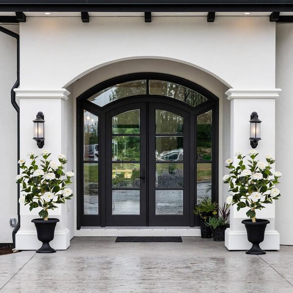 Lot de 2 camélias artificiels de 0,9 m - Plantes artificielles en pot de ciment - Plante en pot de verdure pour intérieur ou extérieur - Décoration de porche (blanc)