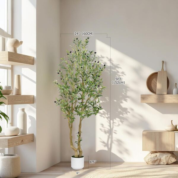 Olivier artificiel multibar de 1,5 m avec branches et pot réglables, plante artificielle d'intérieur réaliste pour décoration de maison et de bureau – Respectueux de l'environnement, assemblage