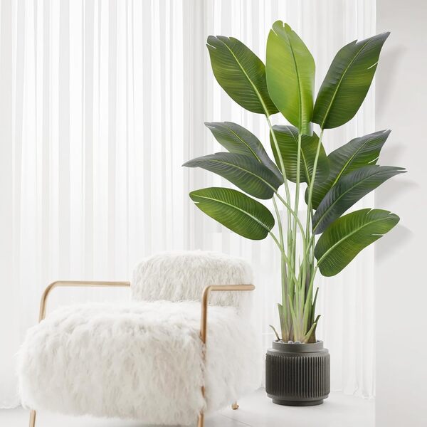 2Pc Plante Artificielle Oiseau de Paradis 150cm Bananier Artificiel avec 10 Feuilles pour Plantes Artificielles Interieur Exterieur avec Pot Blanc pour Decoration Maison en Salon Bureau Jardin