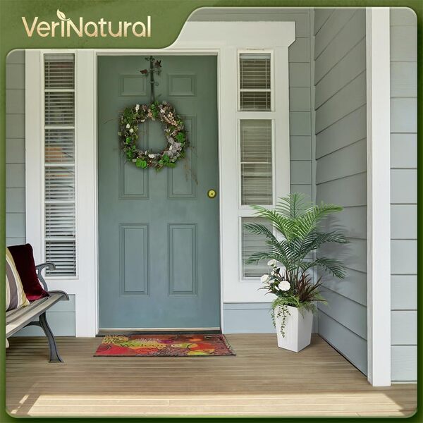 Palmier Artificiel 120 cm - Verte Plante Artificielle Intérieur Extérieur avec Pot Blanc et 5 Fausse Plantes, Résistant UV - Arbre Artificiel Décoration pour Salon, Bureau, Balcon, VN148