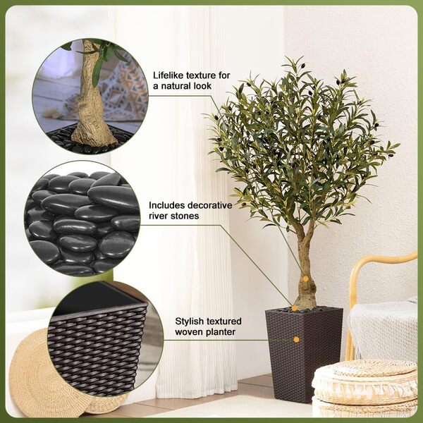 Olivier Artificiel 150 cm - Grande Plante Artificielle avec Pot Conique Marron, Résistantes aux UV Fausse Plante - Décoration Maison, Bureau, Jardin, Extérieur Intérieur, VN137