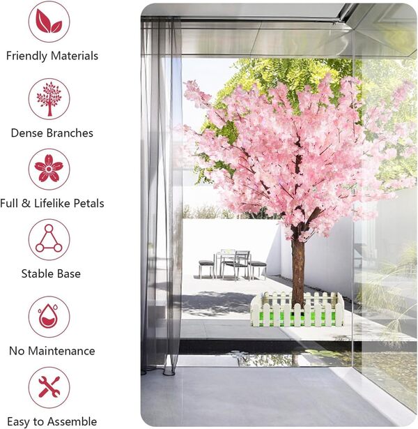 Cerisier artificiel en fleurs - Fait à la main - 1,8 m de haut - Tronc en bois naturel, fleurs réalistes - Maison, bureau, fête, mariage (rose)