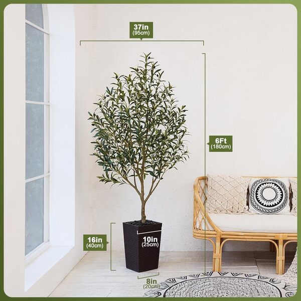 Olivier Artificiel 180cm-Grande Plante Artificielle Décorative avec Pot Marron Tressé,Résistante UV, Galets Inclus-Fausse Plante pour Décoration Intérieur/Extérieur, Salon, Jardin,VN132