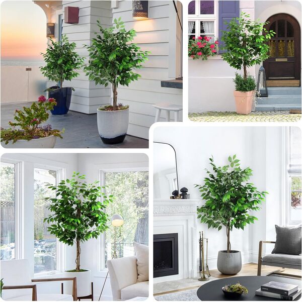 Ficus artificiel de 1,8 m - Plantes artificielles d'intérieur et d'extérieur avec pot noir - Grand arbre artificiel pour la maison, le bureau, le salon, la cuisine - 1,8 m