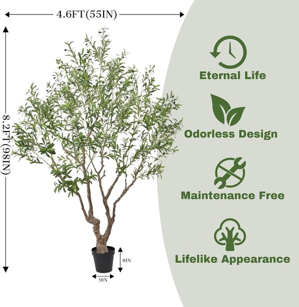 Olivier artificiel de 2,5 m de haut, plante d'olivier artificielle en soie avec branches d'olivier naturelles et feuilles réalistes pour maison, bureau, salon, chambre à coucher, escaliers,