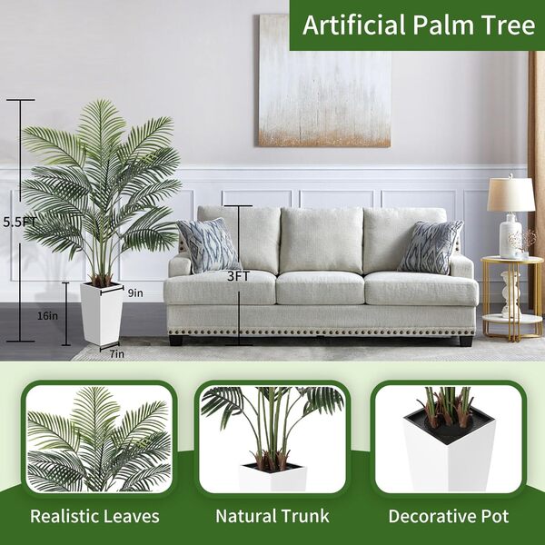 Palmier artificiel de 1,5 m – Plantes artificielles hautes avec pot blanc – Plantes artificielles tropicales d'intérieur en pot – Plante synthétique pour la maison, le bureau, le salon