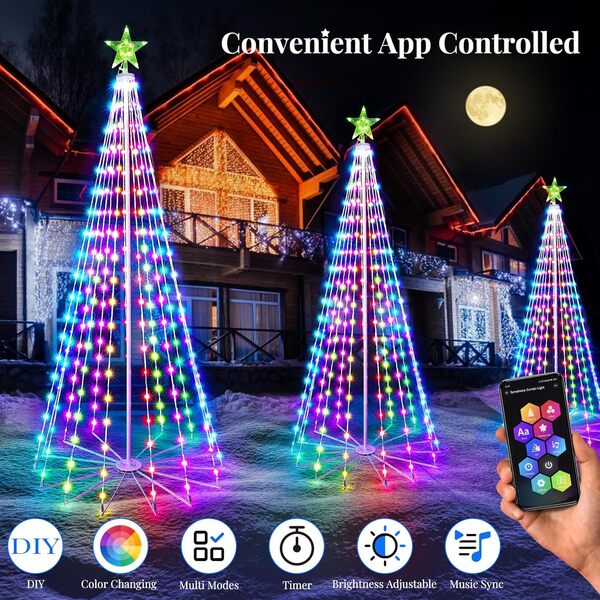 Intelligent Guirlande Lumineuse Sapin de Noël, 1.88m 265 LED Cône Lumières Arbre de Noel avec Etoile Étanche Extérieur Intérieur Guirlande Lumineux Couleurs RVB Pour Jardin Fête, Contrôle APP