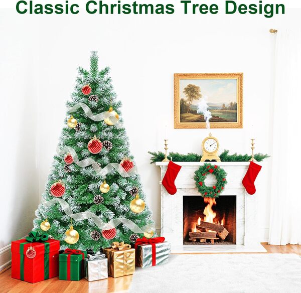 Sapin de Noel Artificiel 150 cm 500 Branches Enneigé Pomme de Pin Realiste, Arbre de Noel Artificiel avec Support Metal, Sapin Nordmann Artificiel Ignifuge Matériel PVC pour Decoration Noel Vert