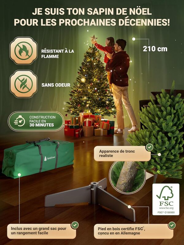 Sapin de Noël Artificiel Premium - épicéa du Nord Réaliste 100% (sans éclairage, 210 cm)