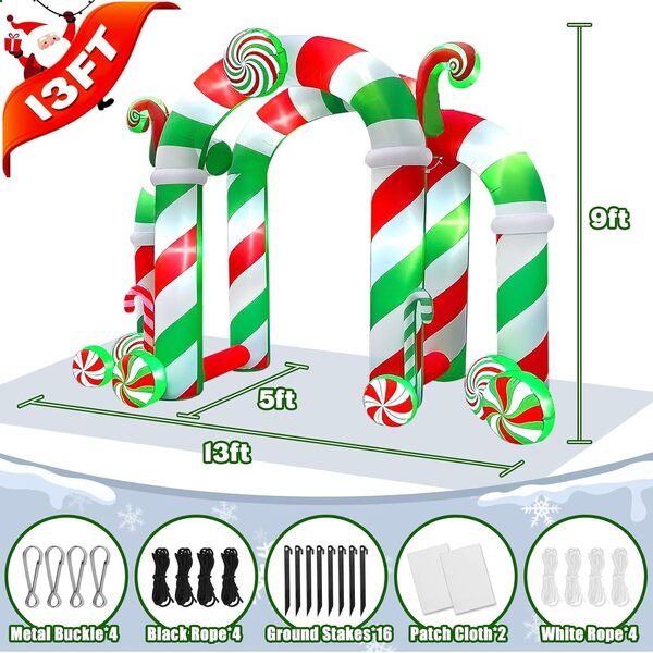 13 Pieds Arche Gonflable de Noël, Kalolary Arche Gonflable Géante Noël Forme d'Arche Bonbons Décoration Extérieure Stéréoscopique pour Centre Commercial Carré Maison Pelouse Jardin Fête Vacances