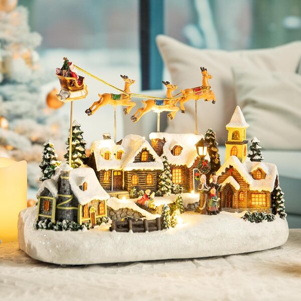 Village de Noël traîneau de renne animé Père Noël et renne avec mouvement et lumières villas musicales pour décoration de table d'intérieur de Noël