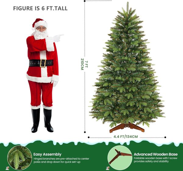 SHareconn 210cm Sapin de Noël Artificiel avec 1463 Pointes de Branches en PE et PVC et 1 Pied en Bois Pliable, Montage Facile, Choix Parfait pour la Décoration des Fêtes à la Maison, Bureau, Vert