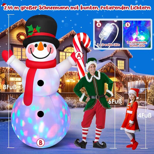 Danxilu Bonhomme de Neige Gonflable de 2,4 m avec Une Canne en Bonbon, Decoration Noel Exterieur Gonflable LED Rotatives Colorées Intégrées pour Noël Fête, Vacances, Pelouse Intérieure, Jardin