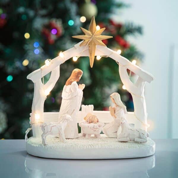 Crèche de Noël LED en Résine - Décoration d'Intérieur Avec Mangeoire et Figurines