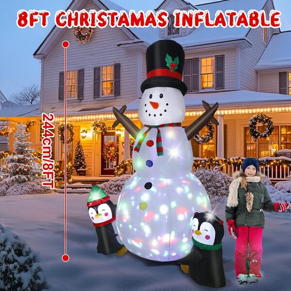 Bonhomme de Neige de Noël Gonflable, 244cm Bonhomme de Neige avec Lumières LED, Décoration de Noël avec des Pieux de Cordes Fixes, Décoration du Modèle pour Jardin Fête Intérieur Extérieur -1250mA/15W [Classe énergétique B]