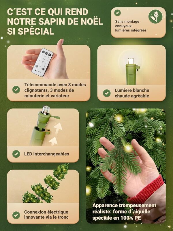 Sapin de Noël Artificiel Premium - épicéa du Nord Réaliste 100% (avec éclairage, 240 cm)