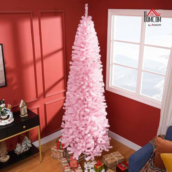 HOMCOM Sapin de Noël artificiel fin non éclairé de 2,4 m de haut avec 1 168 branches réalistes Rose