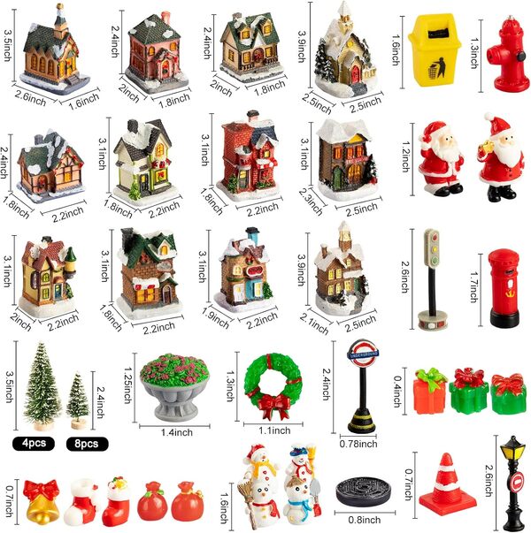 Vinsot Lot de 48 maisons de village de Noël - Lumières LED - Scène de ville de Noël - Décorations de bureau - Figurines de Noël - Accessoires de bâtiments - Décoration paysagère à piles
