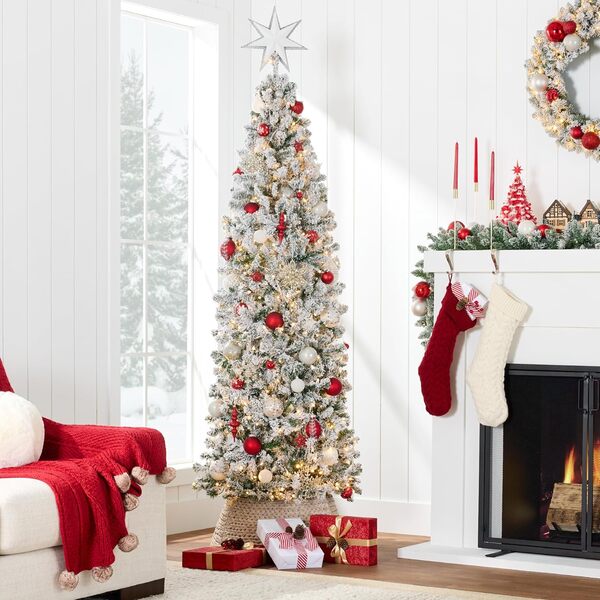 Choix des Produits Lumineux Premium à charnière Crayon de Sapin de Noël Artificiel Arbre W/Certifié Lights, Support Pliable 7.5ft Snow-Flocked, Décoration Noel