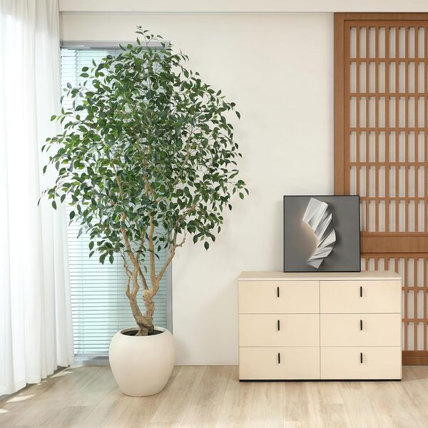 SOGUYI Arbre Artificiel Ficus 240 cm – Plante Décorative avec Pot Artisan en Blanc, Tronc Réaliste, Feuilles Vivantes, Idéal pour Grandes Espaces Intérieurs et Décoration Élégante