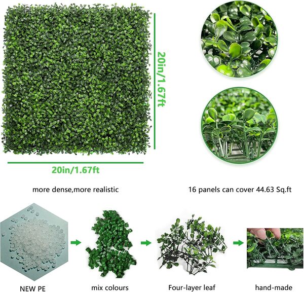 Bybeton Lot de 16 panneaux muraux verts artificiels, 50,8 x 50,8 cm, panneaux anti-UV en buis synthétique pour toile de fond, mur de jardin et décoration murale d'intérieur et d'extérieur