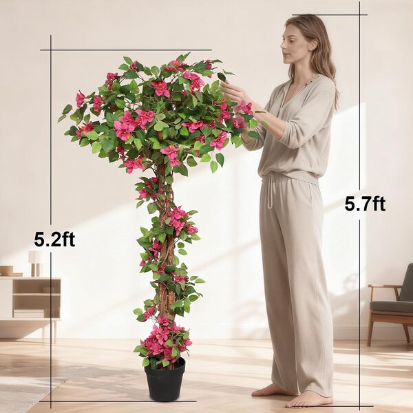 momoplant Lot de 2 bougainvilliers artificiels en pot de ciment - 160 cm - Grands arbres roses avec fleurs pour porche, maison, bureau, extérieur, jardin